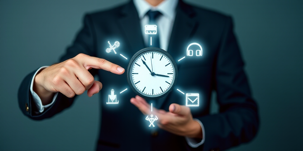 a man in a suit holding a clock with icons around him and a hand pointing at it with both hands, Ai-
