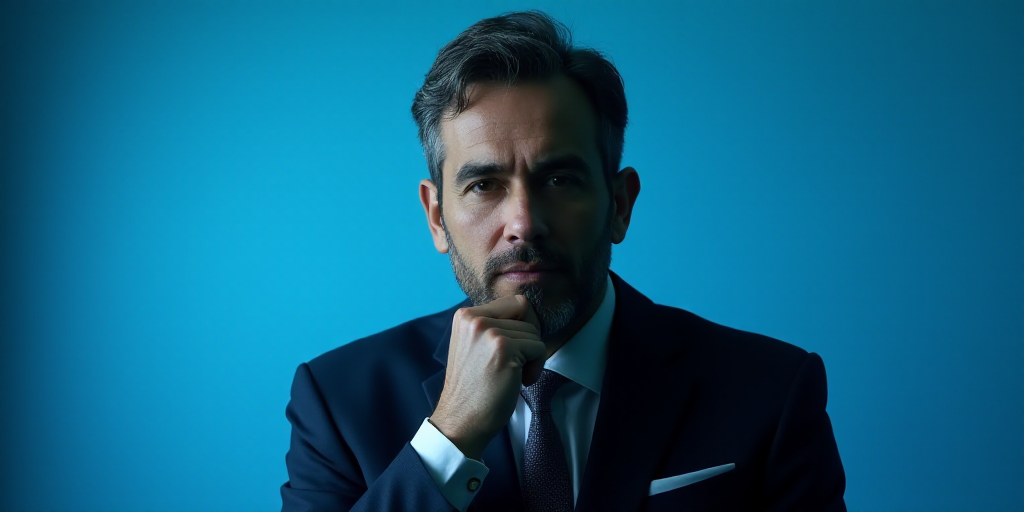 a man in a suit is posing for a picture with his chin resting on his hand, with a blue background, A