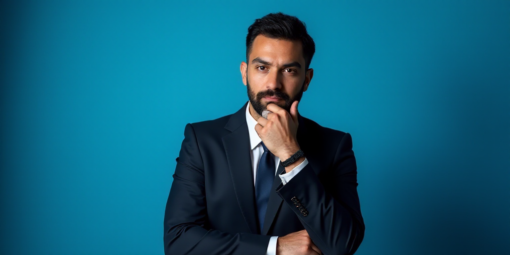 a man in a suit is posing for a picture with his chin resting on his hand, with a blue background, A