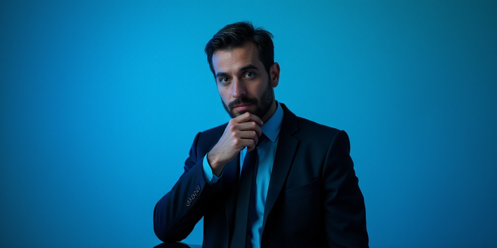 a man in a suit is posing for a picture with his chin resting on his hand, with a blue background, A