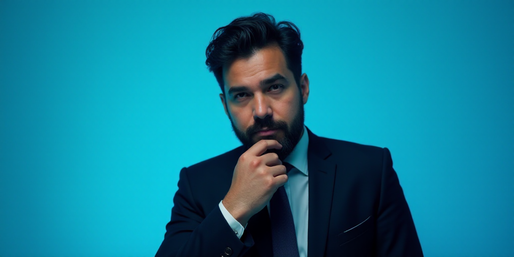 a man in a suit is posing for a picture with his chin resting on his hand, with a blue background, A