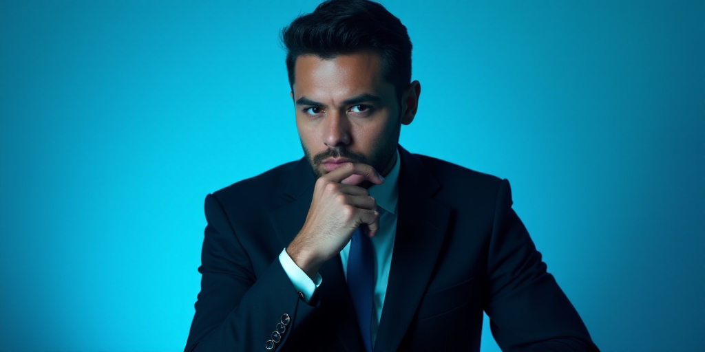 a man in a suit is posing for a picture with his chin resting on his hand, with a blue background, A