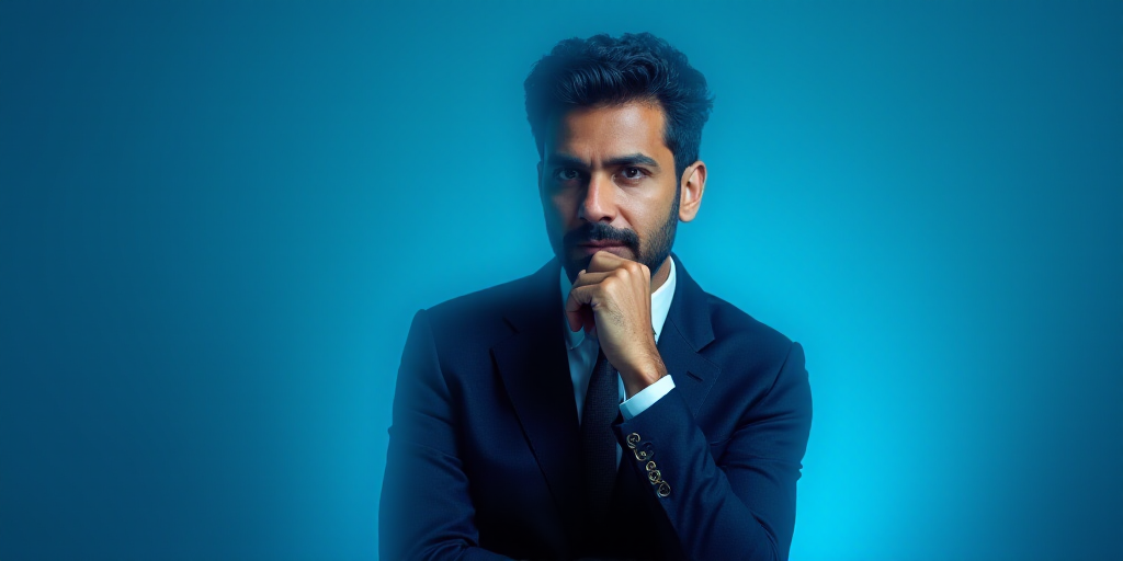 a man in a suit is posing for a picture with his chin resting on his hand, with a blue background, A