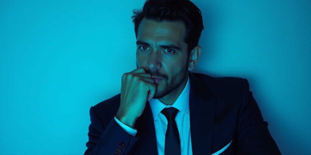 a man in a suit is posing for a picture with his chin resting on his hand, with a blue background, A