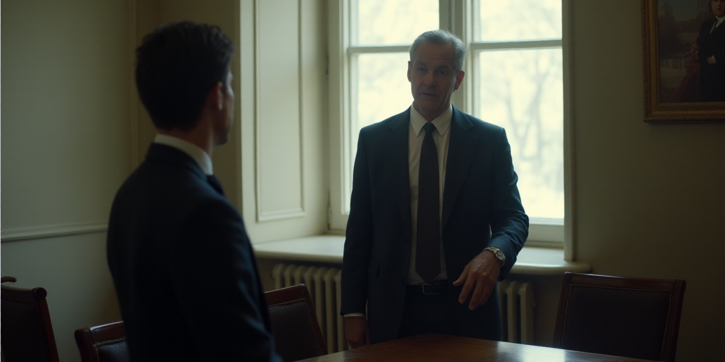 a man in a suit is talking to someone in a room with a window and a table with chairs, David Simpson