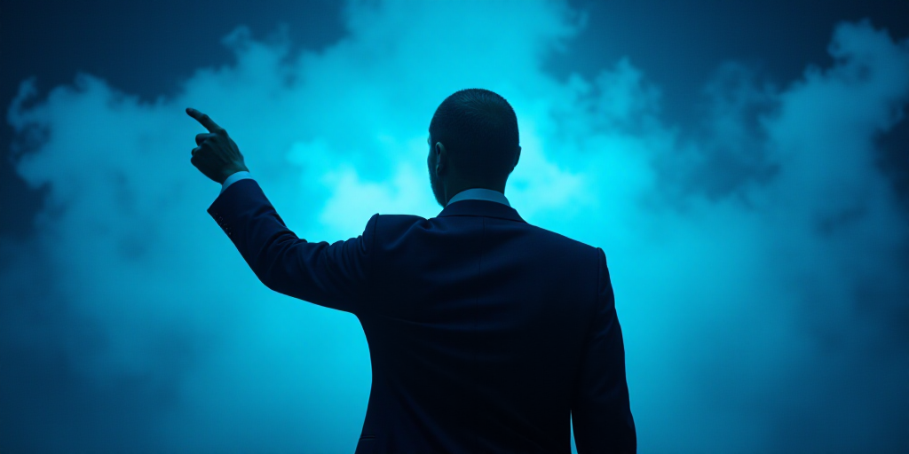 a man in a suit pointing at something with his finger in the air at a press conference room with a b