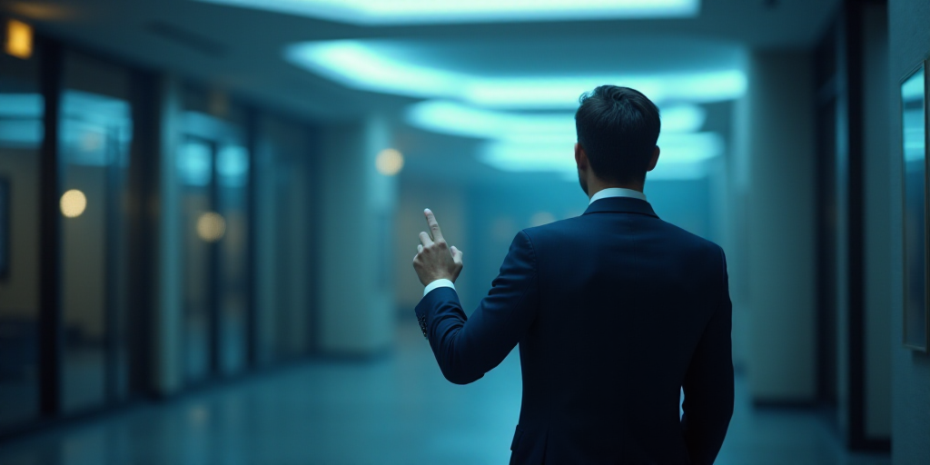 a man in a suit pointing at something with his finger and a blurry background of a building and a bl