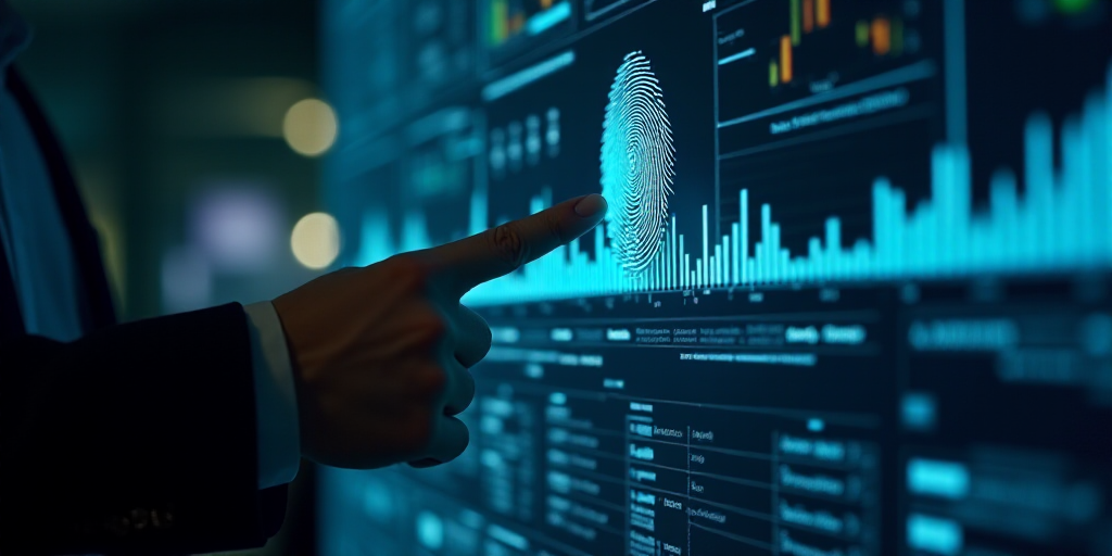 a man in a suit pointing to a fingerprint on a screen with a bar chart in the background, Andries St