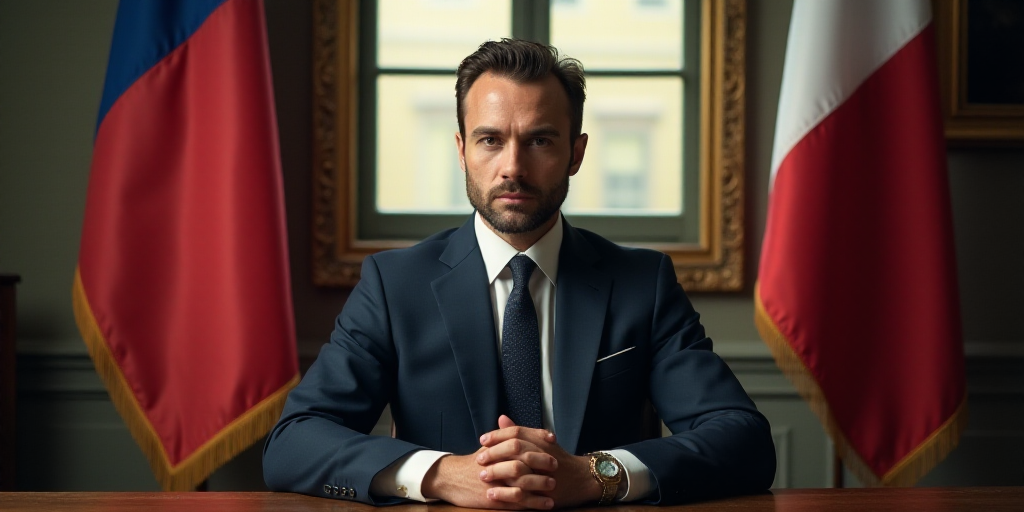 a man in a suit sitting at a desk in front of two flags and a window with a gold frame, Clovis Troui
