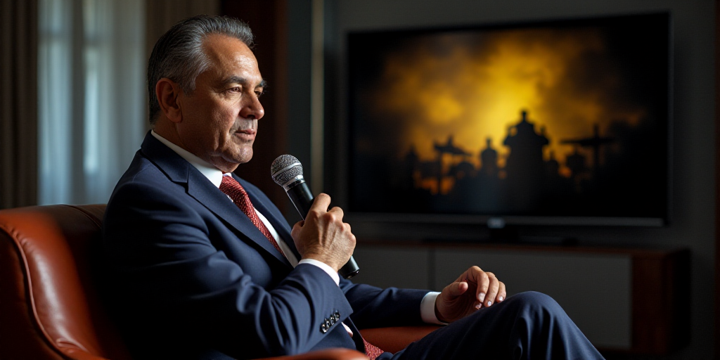 a man in a suit sitting in a chair with a microphone in his hand and a television in the background,
