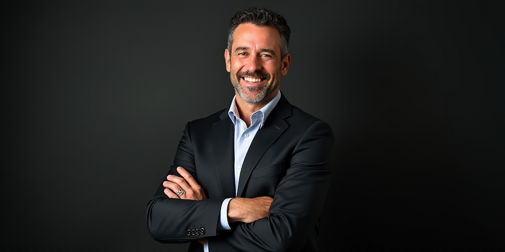 a man in a suit smiling for the camera with his arms crossed and his hands folded out in front of hi
