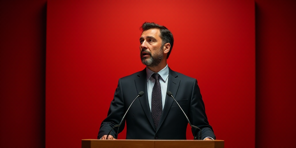 a man in a suit speaking into a microphone at a podium with a red wall behind him and a red wall beh