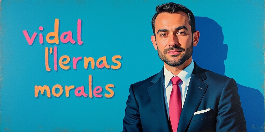 a man in a suit standing in front of a blue background with the words vidal llernas morales, Eduardo