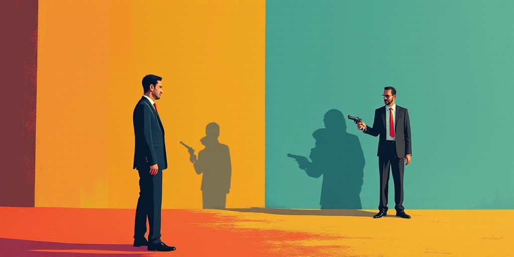 a man in a suit standing next to a shadow of a man in a suit and tie with a gun in his hand, Edi Ram