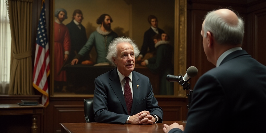 a man in a suit talking to someone in a room with a microphone and a television screen behind him, D