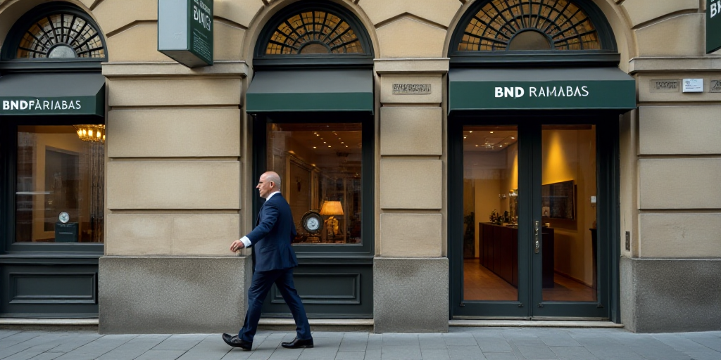 a man in a suit walking past a building with a sign on it's side that says bnp paribas, Évariste Vi