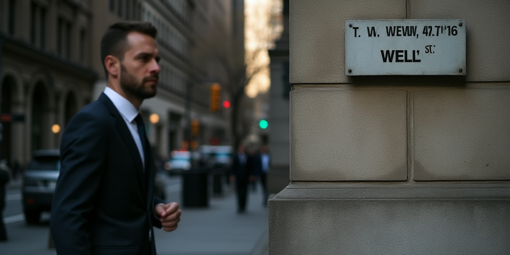 a man in a suit walks past a wall street sign on a building in new york city, new york, Andries Stoc