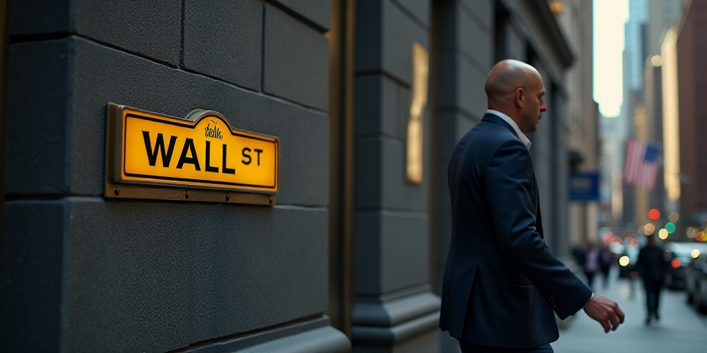 a man in a suit walks past a wall street sign on a building in new york city, new york, Andries Stoc