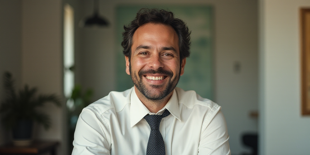 a man in a tie is smiling for the camera with a caption in spanish above him that reads, enrique cam