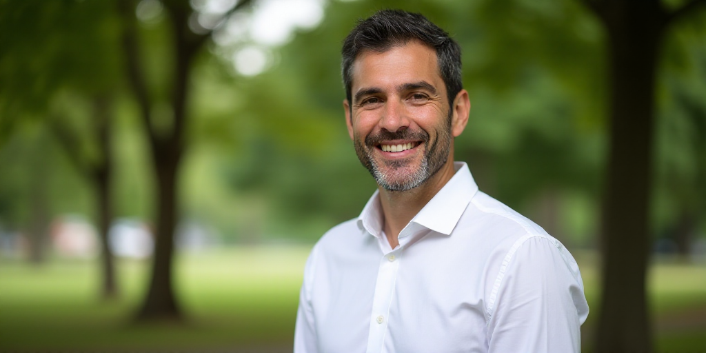 a man in a white shirt is smiling for the camera while standing in a park with trees in the backgrou