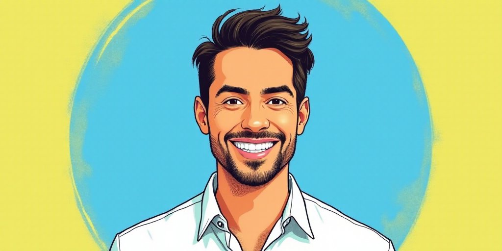 a man in a white shirt is smiling for a picture with a blue background and a yellow border around hi