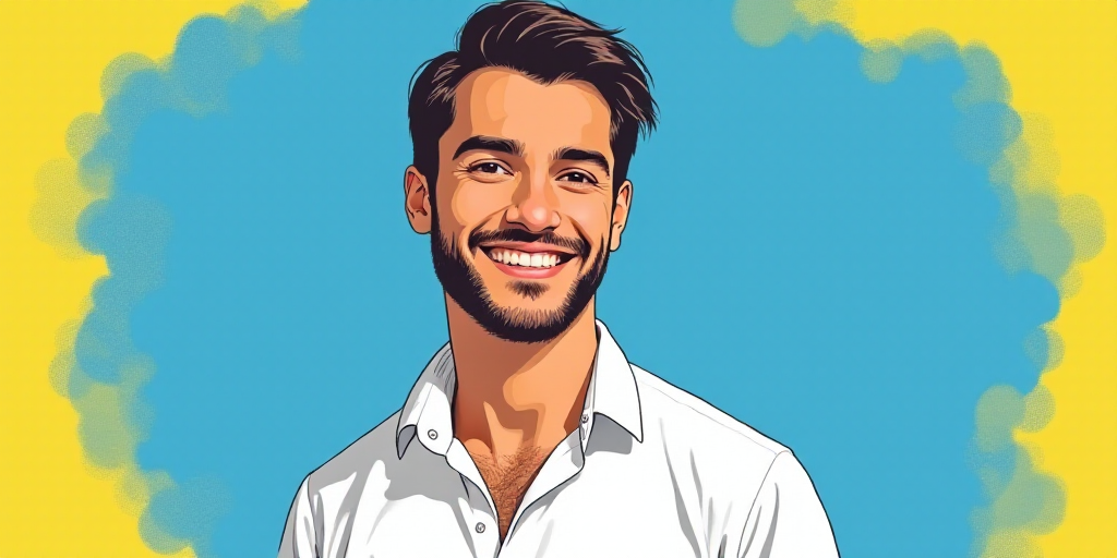 a man in a white shirt is smiling for a picture with a blue background and a yellow border around hi