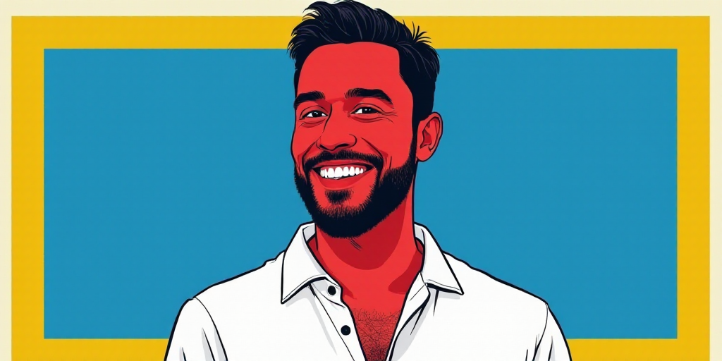 a man in a white shirt is smiling for the camera with a blue background and a yellow border around h