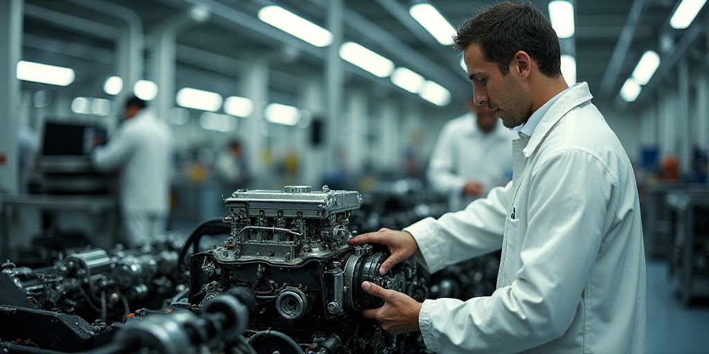a man in a white suit working on a car engine in a factory with other workers nearby and a machine i