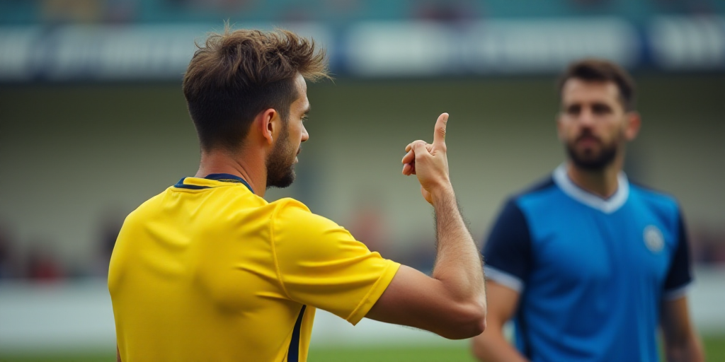 a man in a yellow shirt giving a thumbs up sign while another man in a blue shirt watches from the s