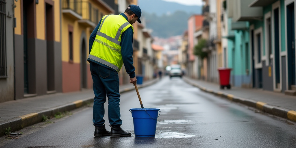a man in a yellow vest is cleaning a street with a bucket and a blue bucket on the ground, Ceferí O