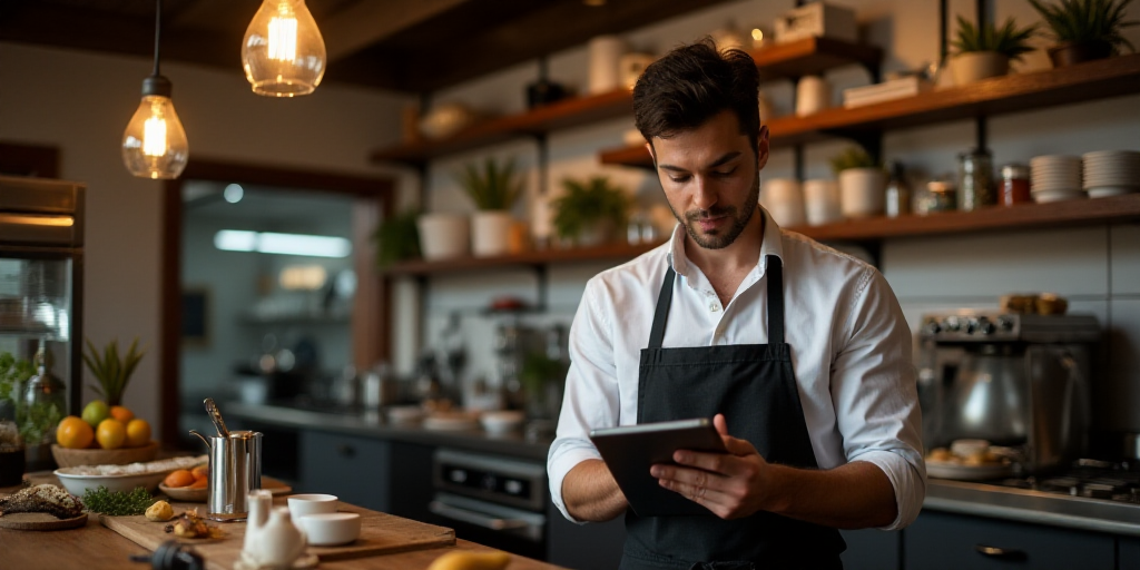 a man in an apron is looking at a tablet in a restaurant kitchen with a menu in front of him, Andrie