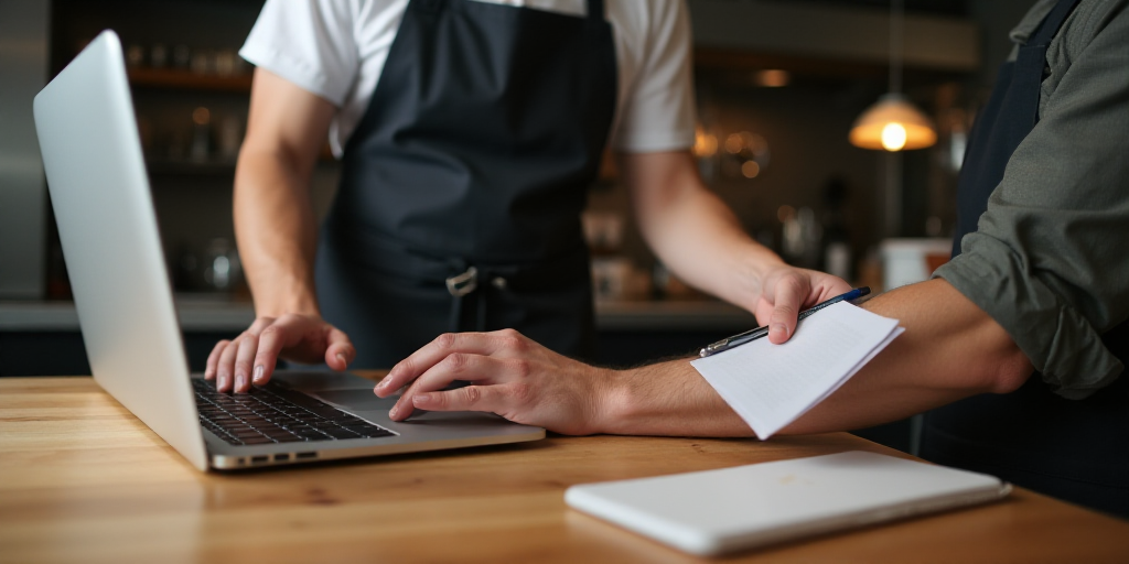a man in an apron is working on a laptop computer and holding a pen and paper in his hand, Arlington