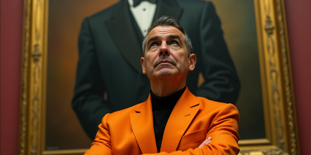 a man in an orange jacket looking up at something in the background with a painting behind him that