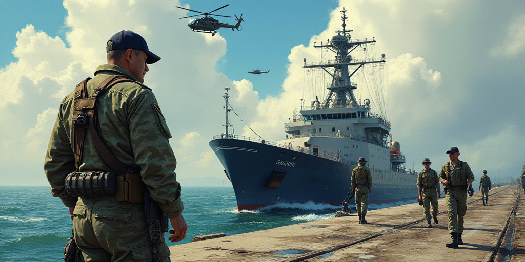 a man in camouflage standing next to a large ship on a dock with other men nearby in uniform and a h