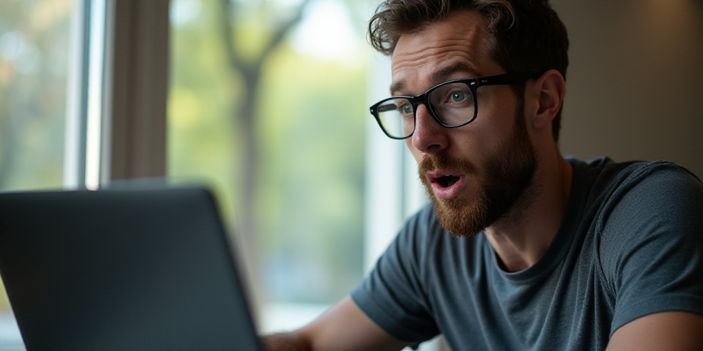 a man in glasses is looking at a laptop screen and making a surprised face while sitting in front of