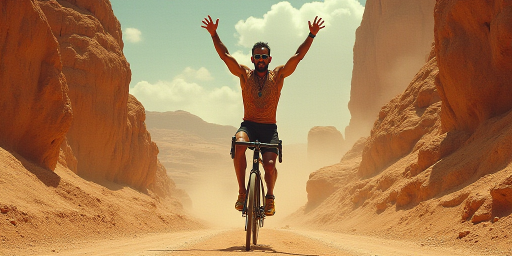 a man is celebrating his win in a bike race with his arms in the air and his hands in the air, Ahmed