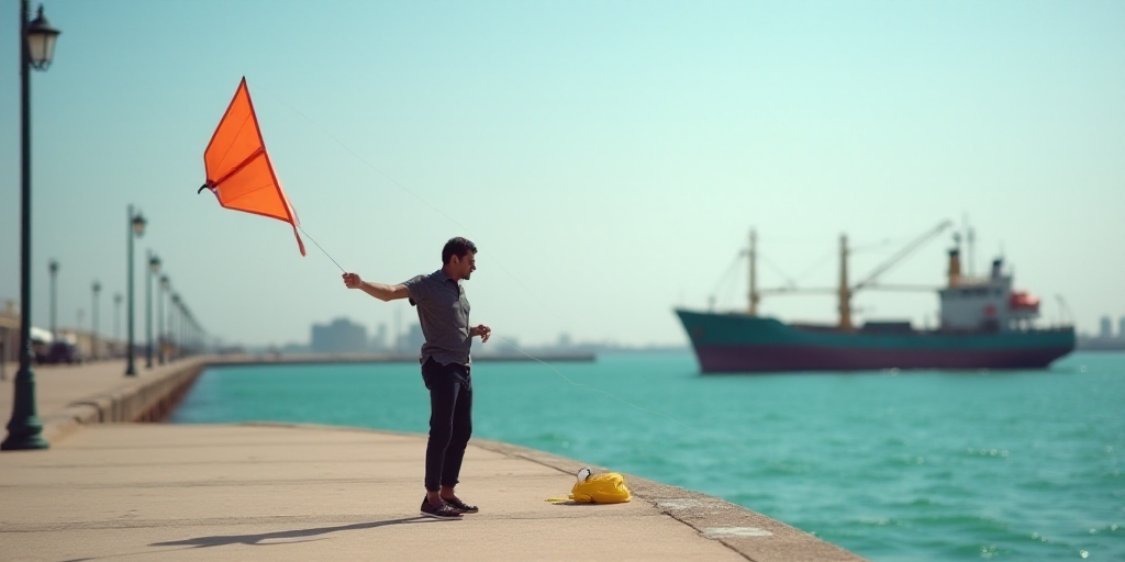 a man is flying a kite on a pier near a boat in the water and a ship in the background, Fathi Hassan