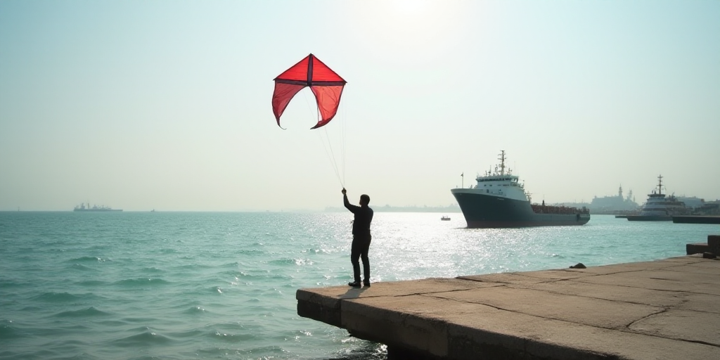 a man is flying a kite on a pier near a boat in the water and a ship in the background, Fathi Hassan