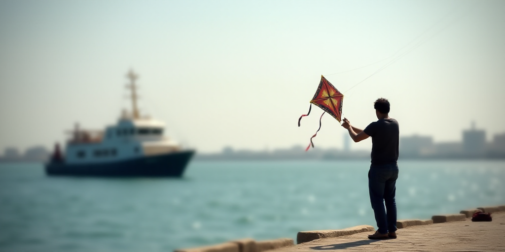 a man is flying a kite on a pier near a boat in the water and a ship in the background, Fathi Hassan