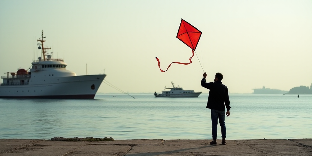 a man is flying a kite on a pier near a boat in the water and a ship in the background, Fathi Hassan