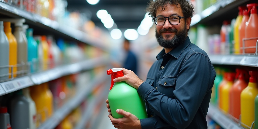 a man is holding a bottle and a sprayer in a store aisle of products on shelves of different colors,