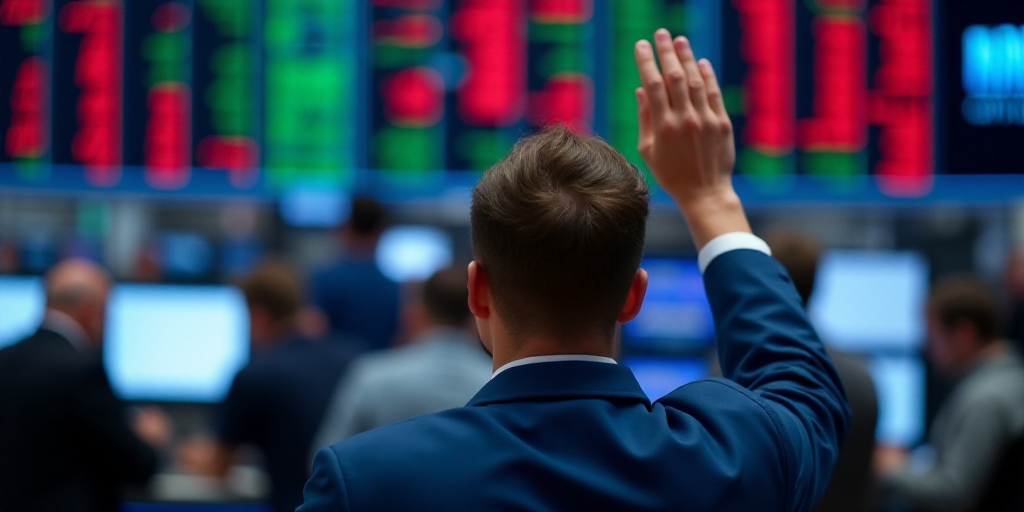 a man is holding his hand up in front of a wall of stock prices on the floor of the new york stock e