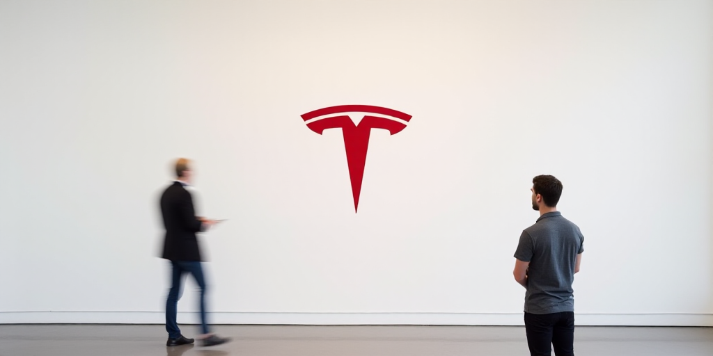 a man is looking at a red tesla logo on a white wall behind him is a red tesla logo, Bourgeois, ue 5
