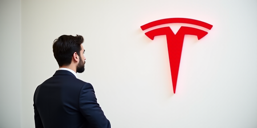 a man is looking at a red tesla logo on a white wall behind him is a red tesla logo, Bourgeois, ue 5