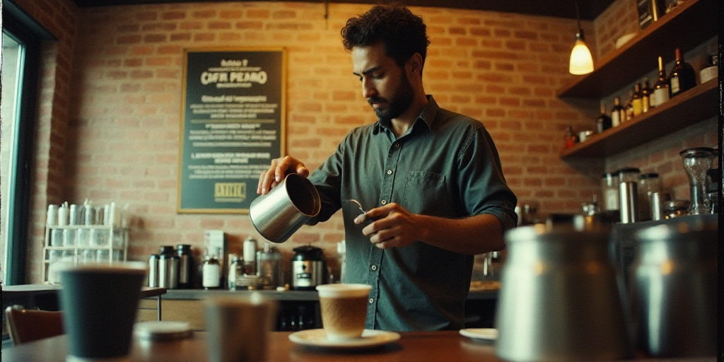 a man is pouring something into a cup in a coffee shop with a brick wall behind him and a sign on th