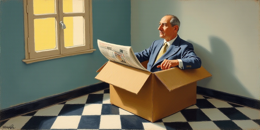 a man is reading a newspaper in a cardboard box in a room with a window and a black and white checke