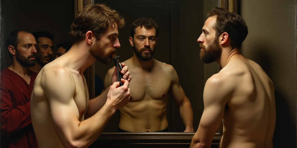 a man is shaving another man's hair in a mirror while others look on in the background, Estuardo Mal