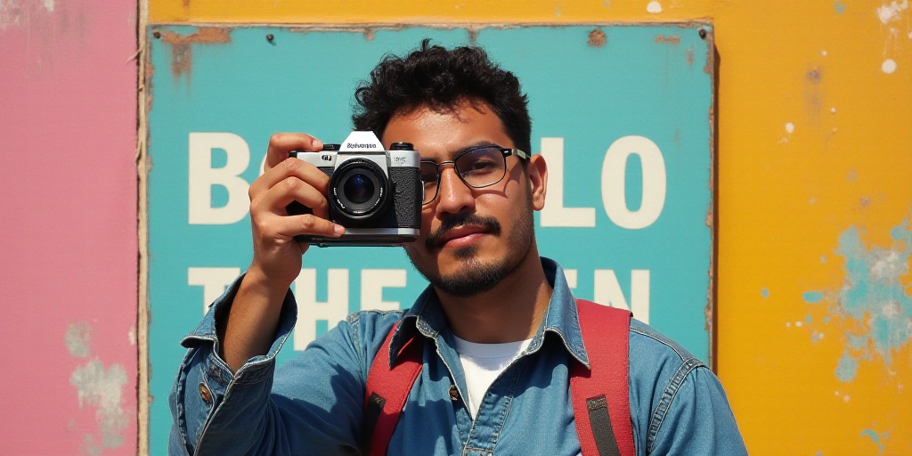 a man is standing in front of a camera and taking a picture of himself in front of a sign, Federico