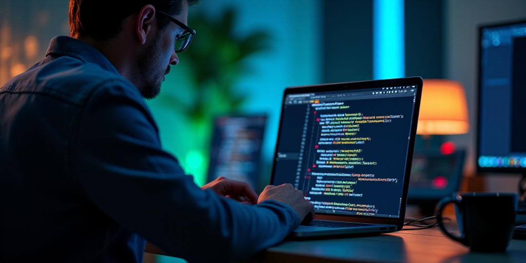 a man is working on a laptop computer with a graphic of a programming program on the screen and a wo