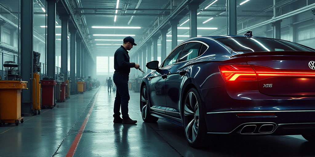 a man is working on a volkswagen car in a factory building, with a worker in the background looking